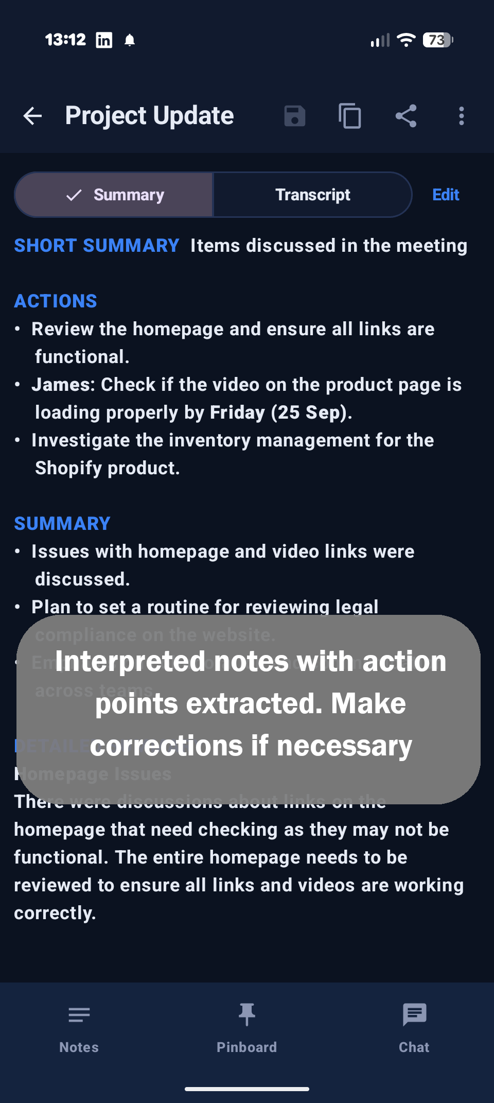 An interpreted note with a summary and action items pulled out