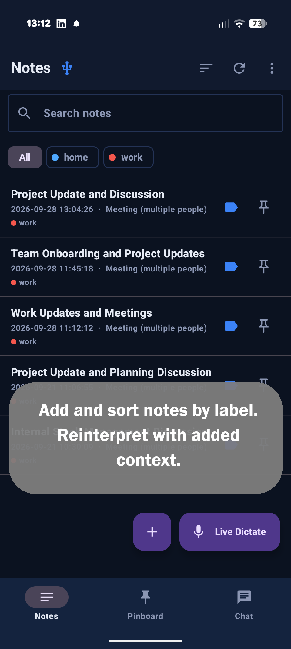 Notes list with labels, search and the Live Dictate button