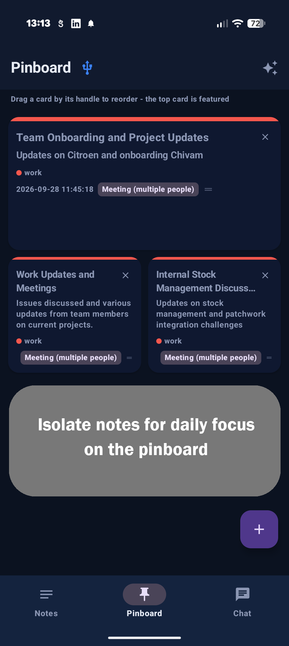 Pinboard with notes pinned for daily focus